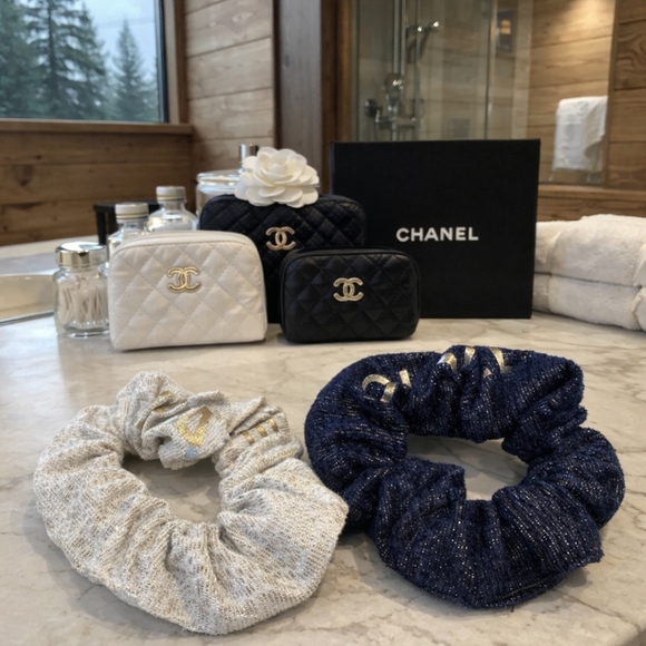 CHANEL Other - Authentic CHANEL CC Logo  Scrunchie Set Navy & Ivory Hair Accessories COA